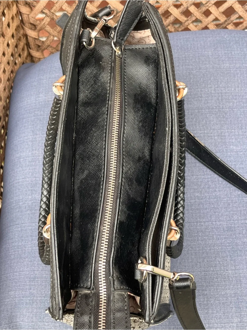 GUESS Beige Monogram Satchel with Black Braided Handles